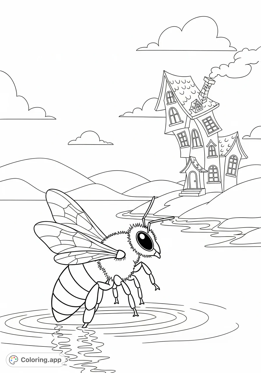 A charming scene of a bee gently floating on the water, observing a delightfully crooked house on the distant shore. Perfect for imaginative coloring.