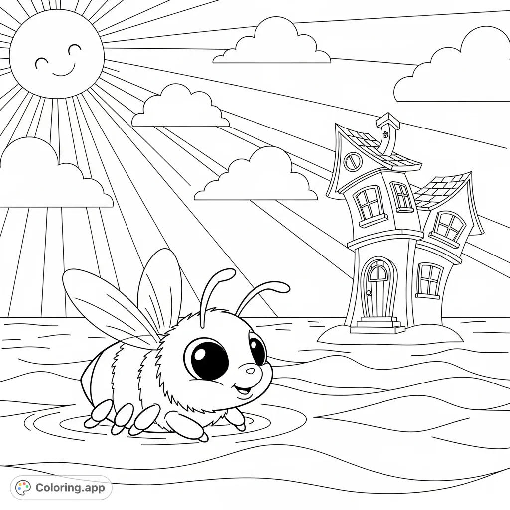 A charming scene featuring a friendly bee floating on gentle waves, gazing at a whimsical crooked house under a smiling sun. Perfect for imaginative coloring.