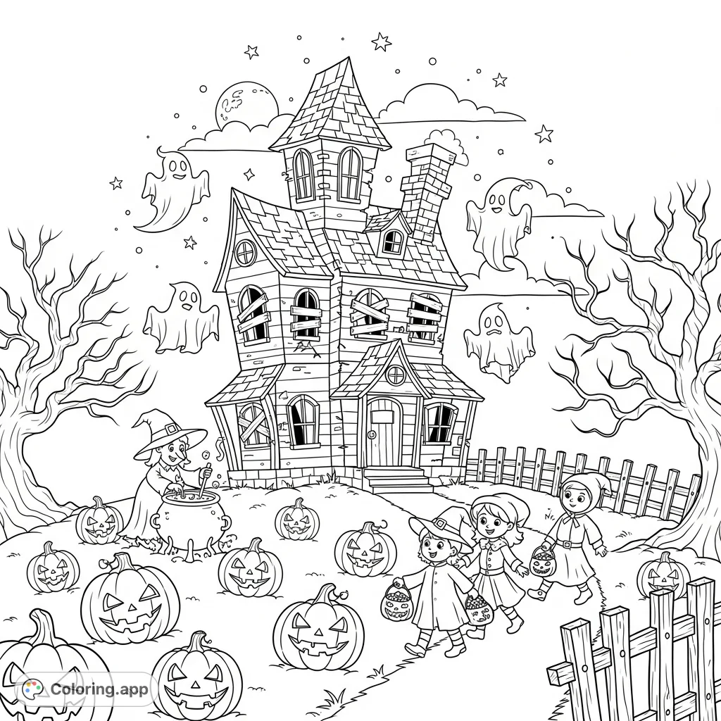 Explore a friendly haunted house scene with playful ghosts, smiling pumpkins, a witch's cauldron, and excited trick-or-treaters. Perfect for Halloween fun!