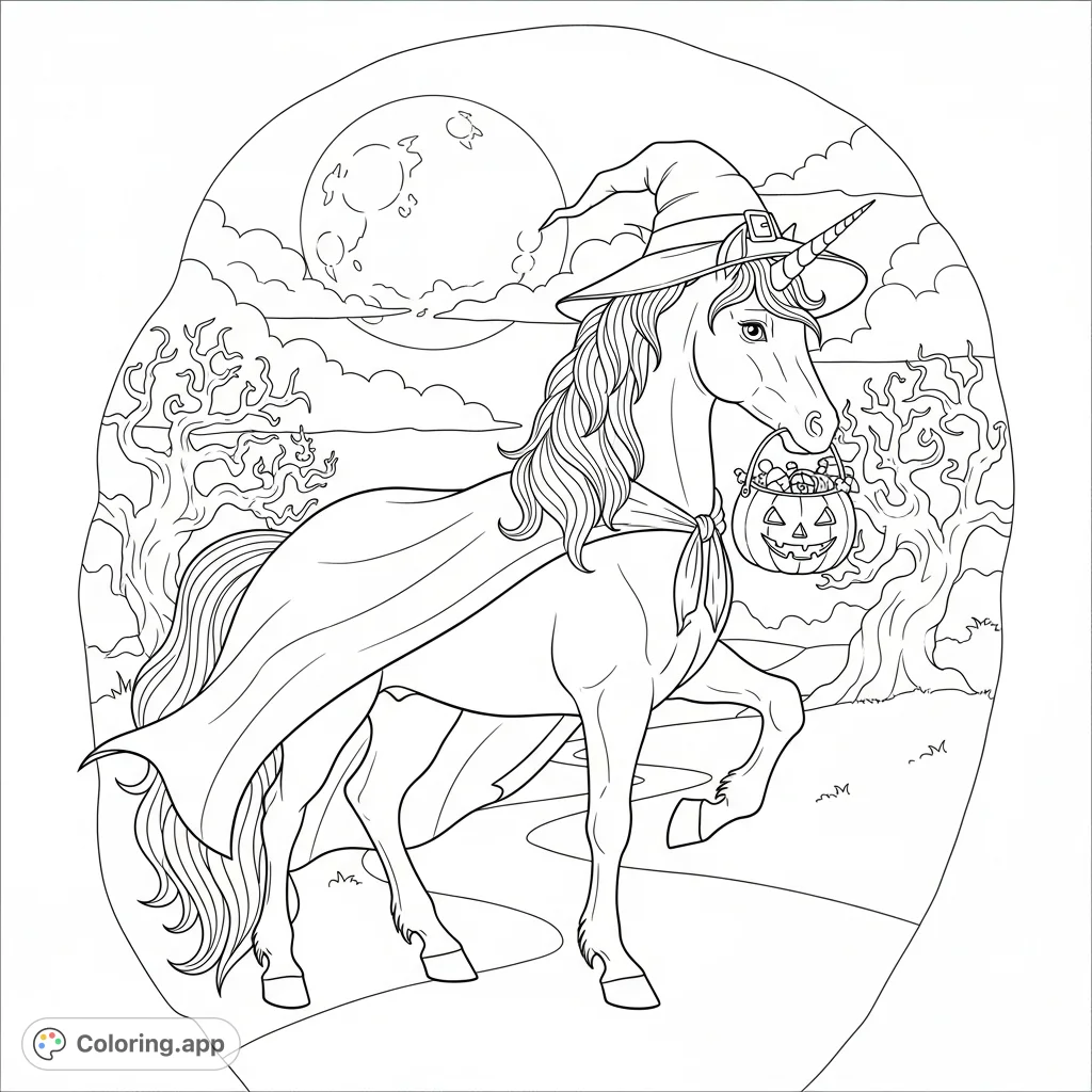A whimsical unicorn dressed for Halloween, ready for trick-or-treating with a candy bucket. Perfect for a magical spooky season coloring page.