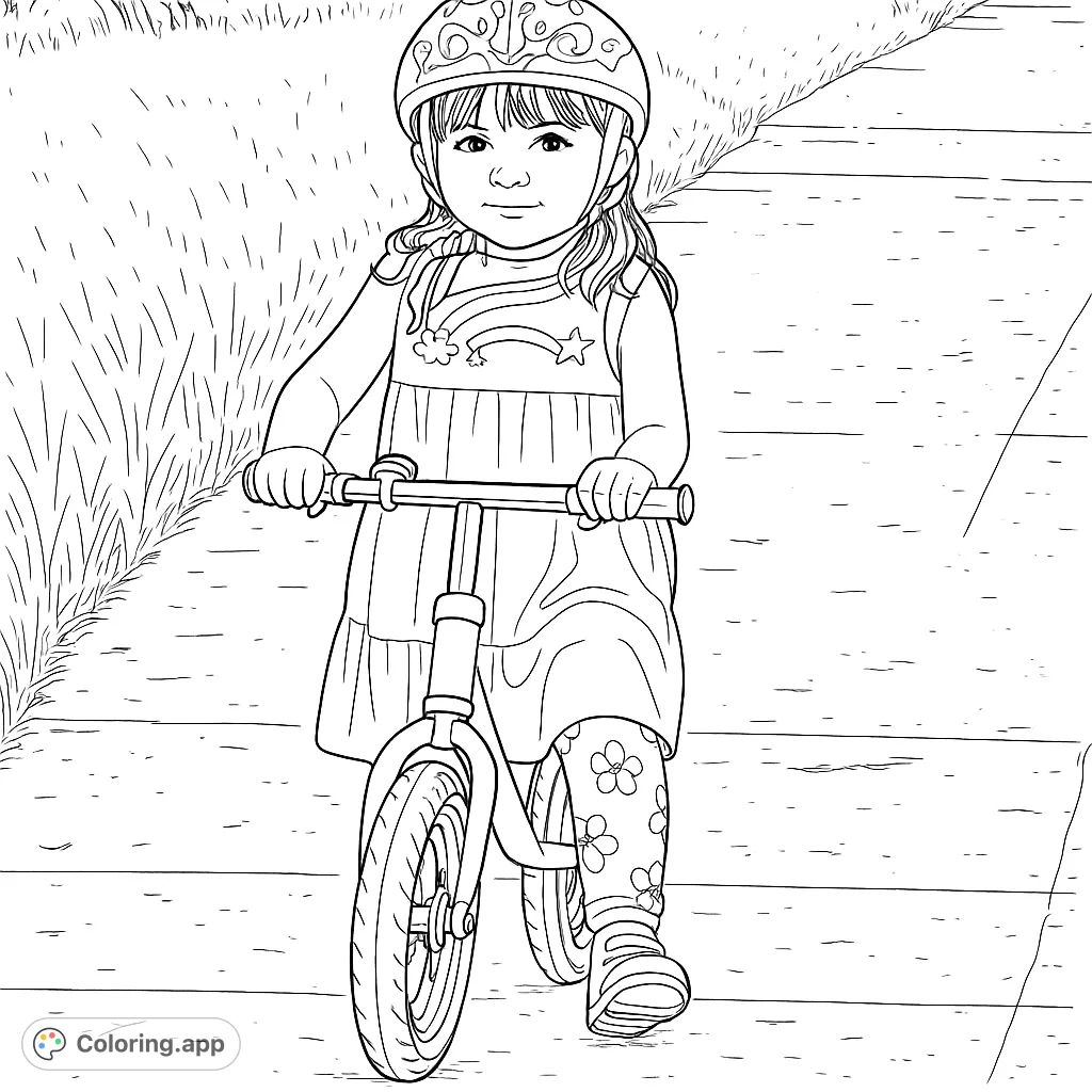 A delightful coloring page featuring a young child on a balance bike, wearing a crown helmet and a dress with a rainbow design, ready for adventure.