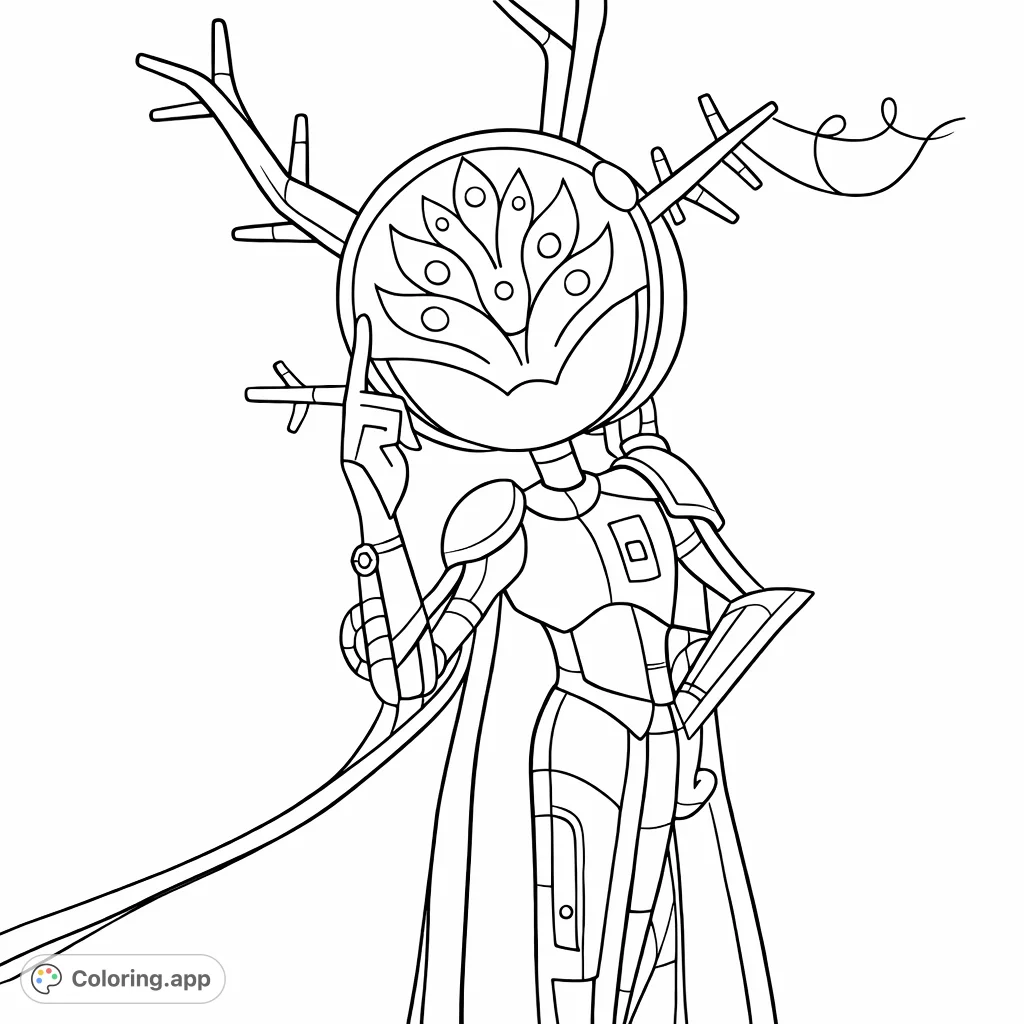 Unleash your creativity with this unique armored character coloring page, featuring a distinctive multi-eyed head and a dramatic cape.