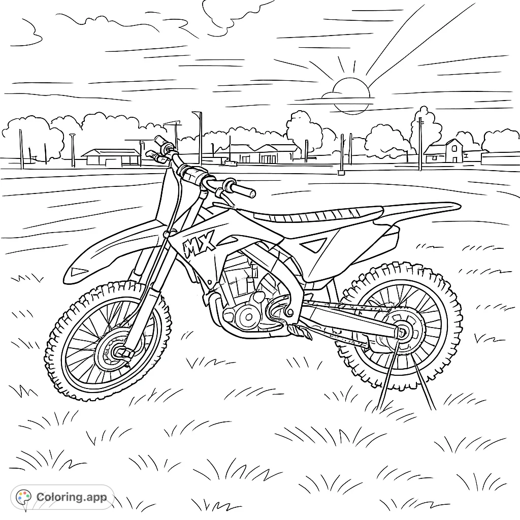 Color a powerful motocross bike parked in a grassy field under an expansive sky. Features intricate mechanical details and a scenic background.
