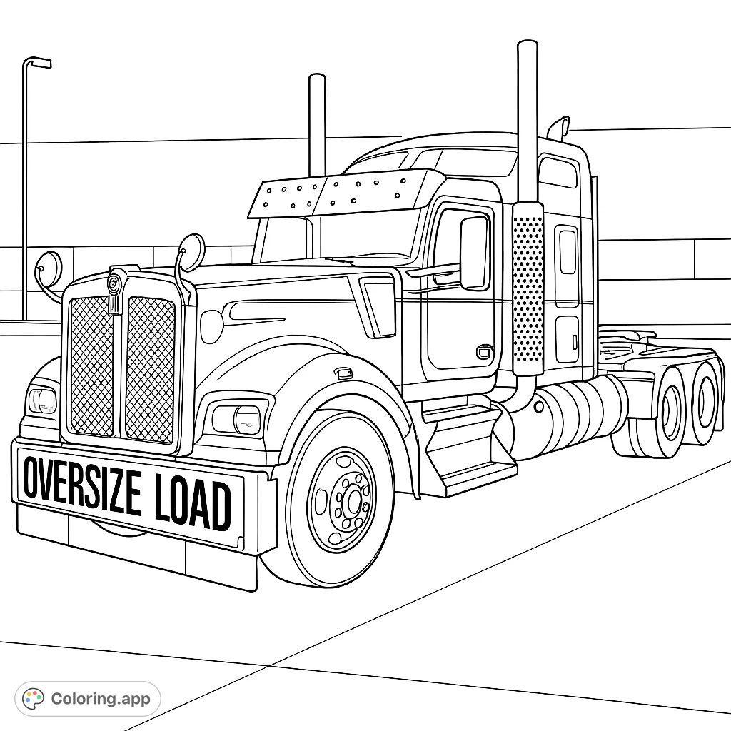 Detailed custom semi-truck with an 'Oversize Load' banner, perfect for truck enthusiasts to color and personalize.