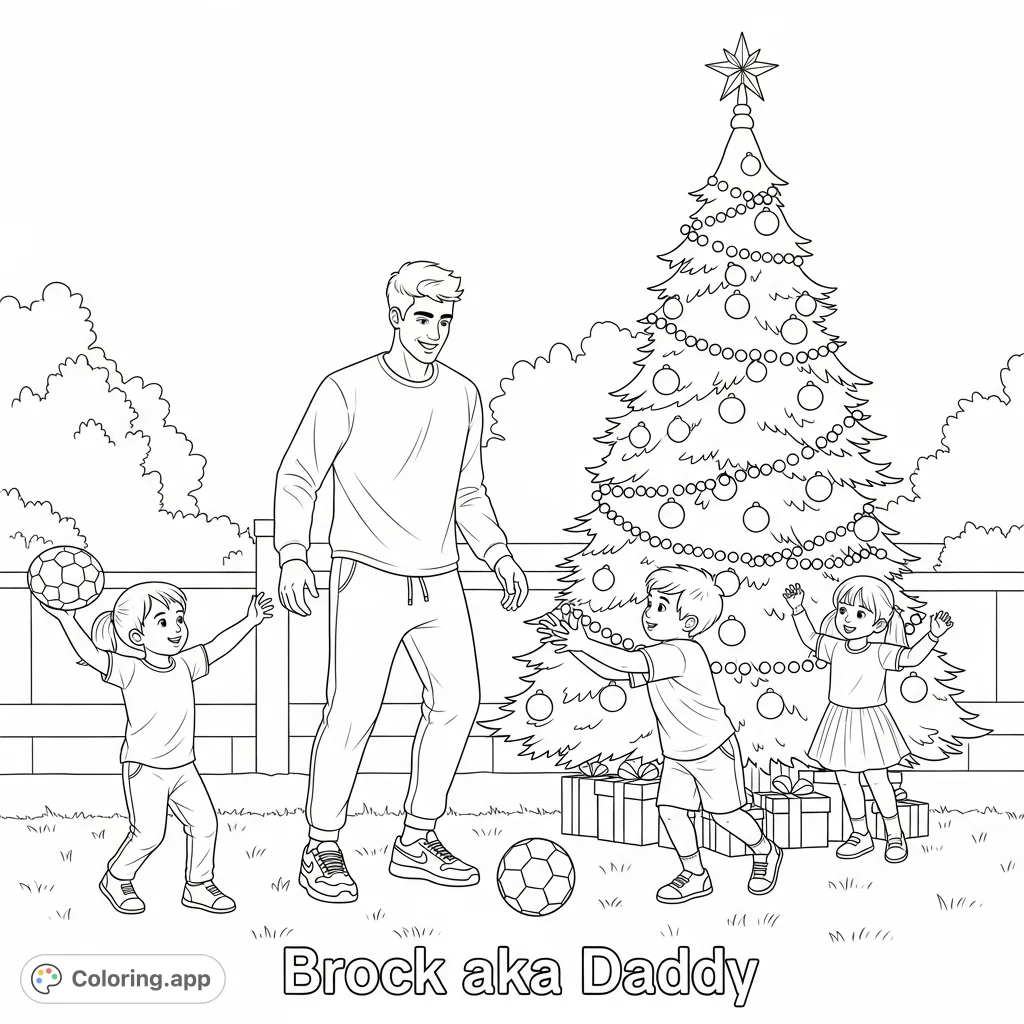 A heartwarming family scene featuring Brock aka Daddy playing football with his three children in a festive yard with a Christmas tree. Perfect for family fun.