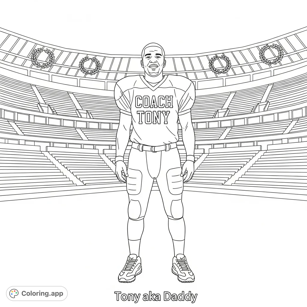 A dedicated Coach Tony stands in a football stadium, ready for action, with 'Tony aka Daddy' inscribed below. Perfect for sports fans and family.