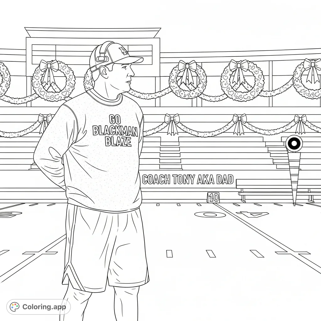 A detailed football coloring page featuring Coach Tony aka Dad on the Blackman Blaze sideline, adorned with festive wreaths. Perfect for sports fans!