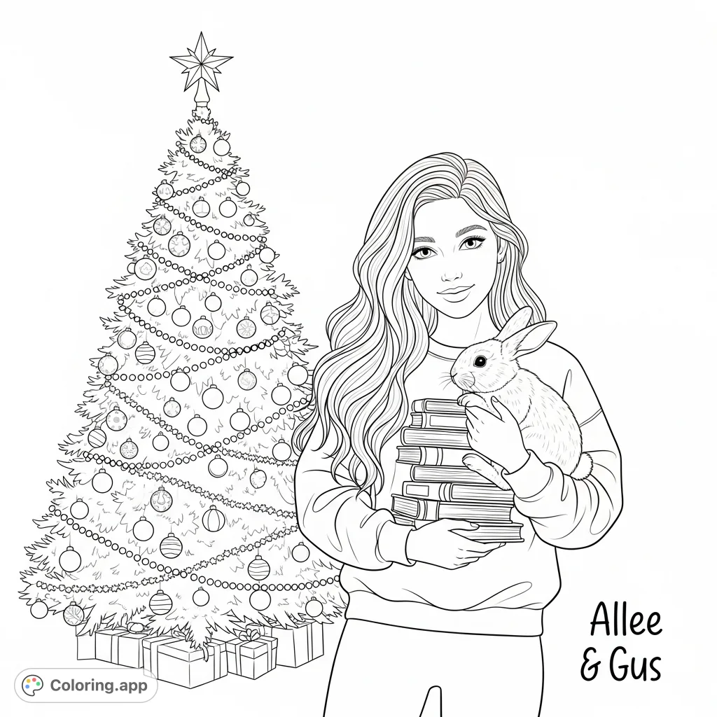 A teen girl with flowing hair cradles a rabbit, wearing a book-themed sweatshirt, beside a decorated Christmas tree. "Allee" and "Gus" are inscribed.