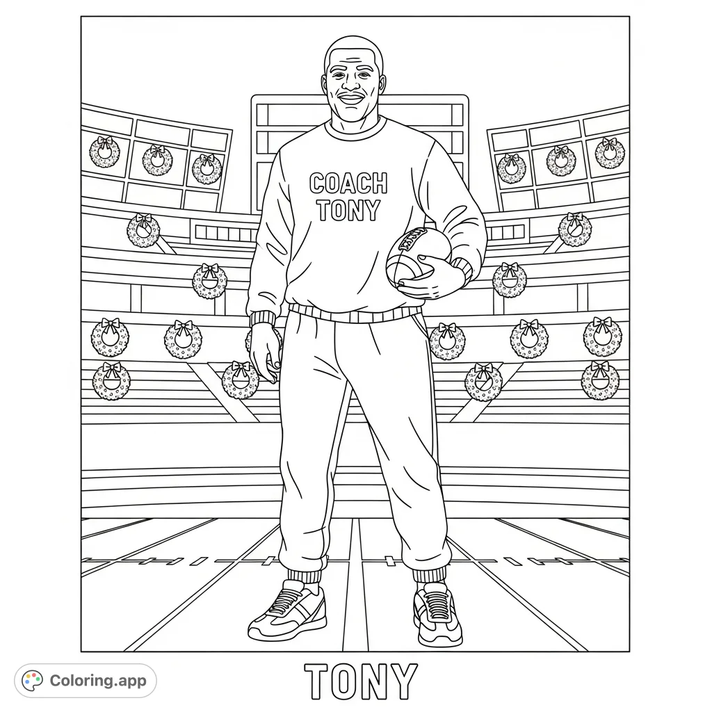 A detailed football coach coloring page featuring Dad Tony Coach in a stadium adorned with Christmas wreaths, holding a football. Perfect for sports fans!