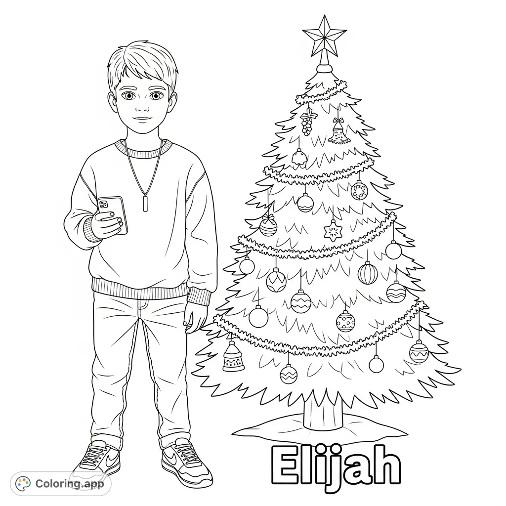 A charming coloring page featuring a boy named Elijah with his cell phone and a festive Christmas tree, perfect for personalized holiday fun.