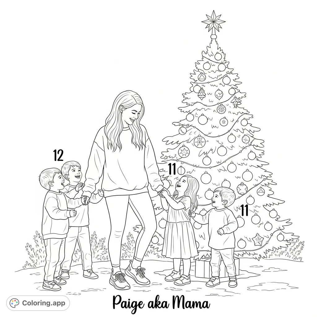 A heartwarming scene of a mother, Paige aka Mama, and her three children enjoying an outdoor Christmas setting with a decorated tree. Perfect for family fun.