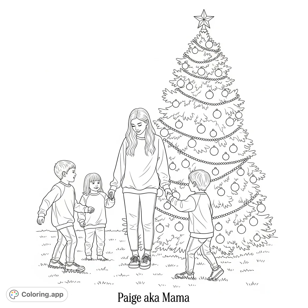 A heartwarming scene of a young mother and her three children playing joyfully in a festive yard with a decorated Christmas tree, perfect for family fun.
