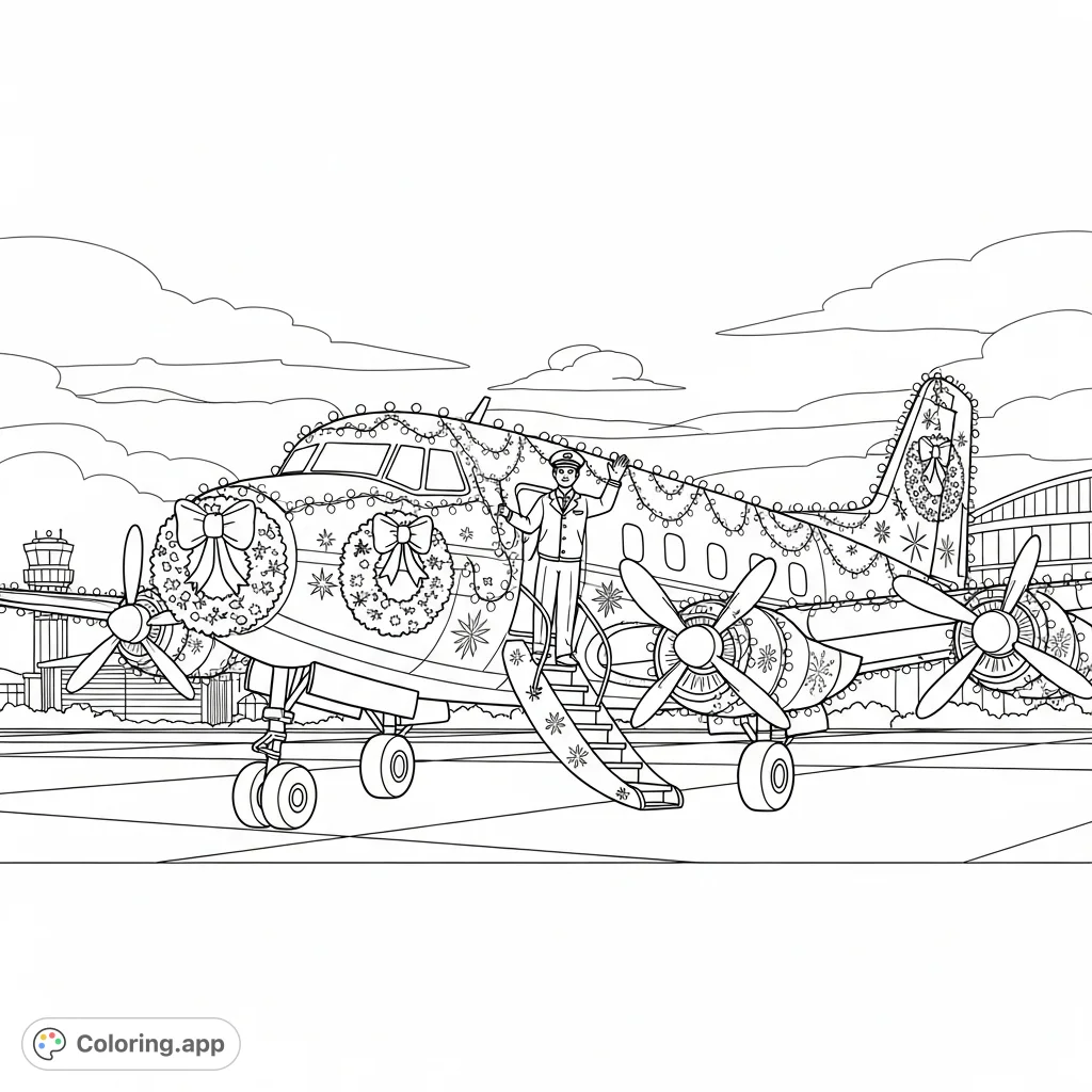 A pilot waves beside a passenger airplane decorated with festive lights, wreaths, and bows. A joyful holiday aviation scene perfect for coloring.