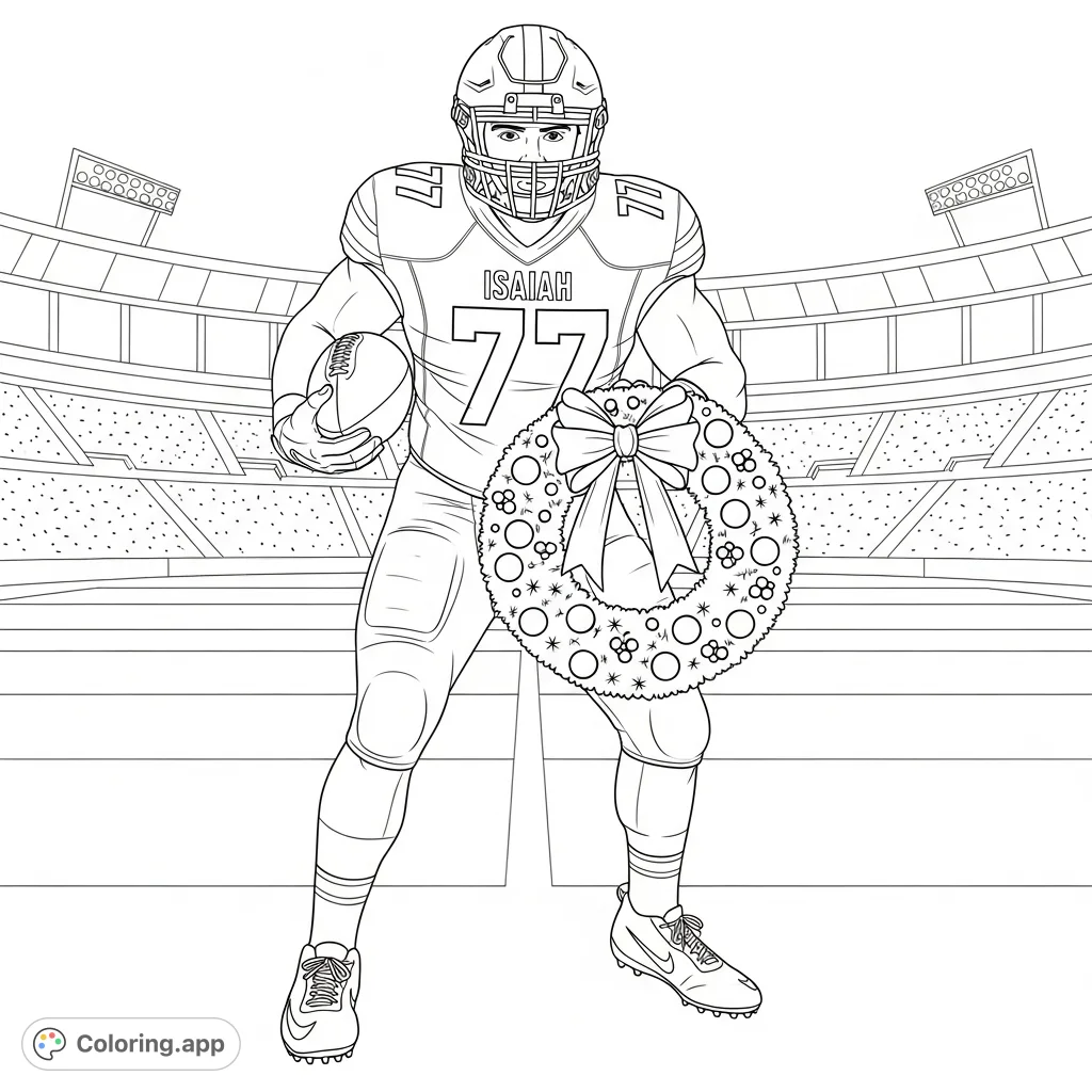 A dynamic football player, Isaiah (number 77), holds a festive Christmas wreath on the field, blending sports excitement with holiday cheer. Perfect for fans!