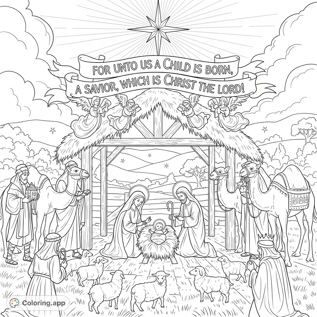 A beautiful Nativity scene featuring Mary, Joseph, baby Jesus, shepherds, wise men, and a banner with scripture. Perfect for Christmas coloring!