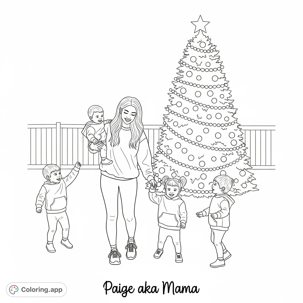A heartwarming family Christmas coloring page featuring 'Paige aka Mama' and her three children playing by a festive Christmas tree in their yard.