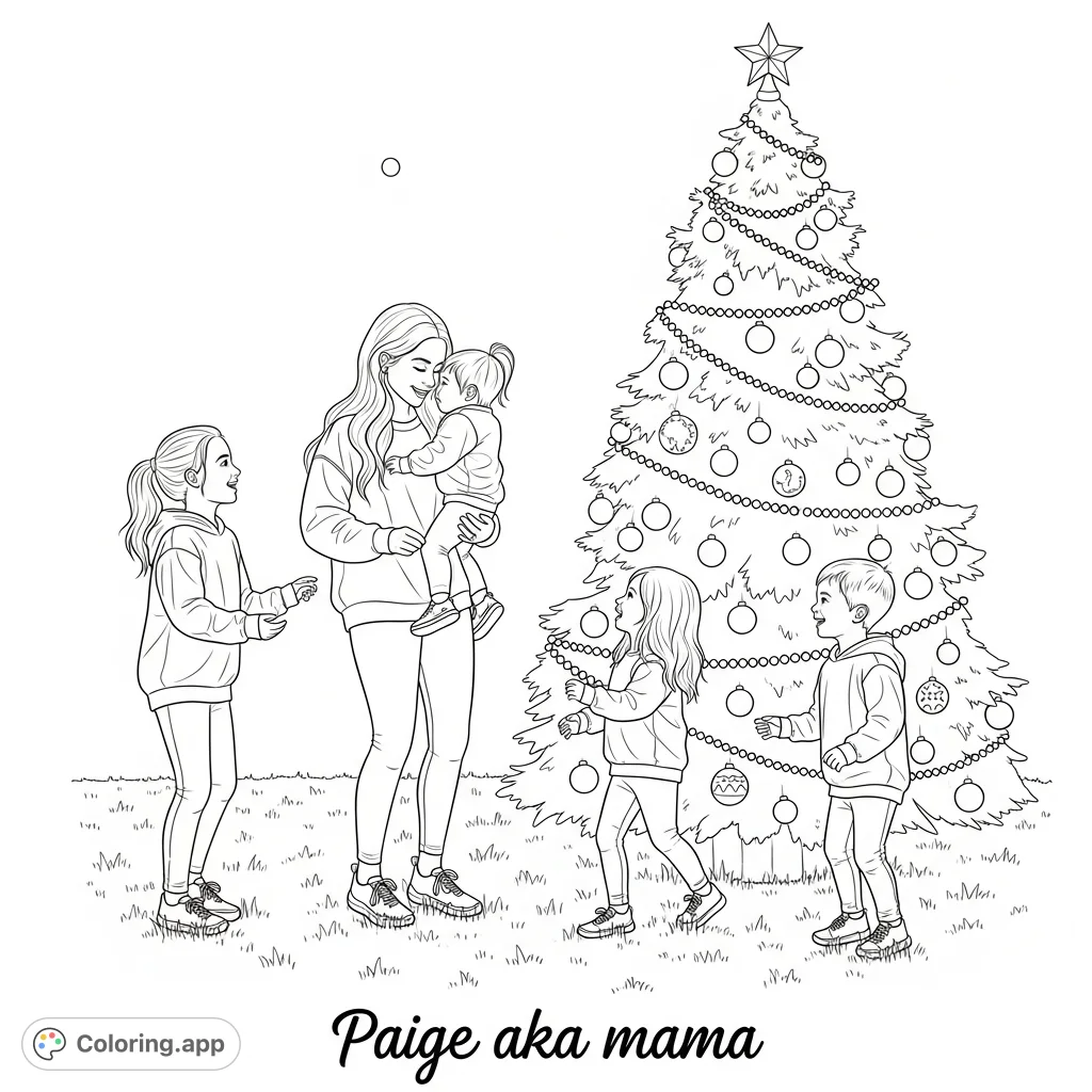 A heartwarming scene of a mom, Paige, and her three children playing joyfully outdoors beside a festive Christmas tree, perfect for family-themed coloring.