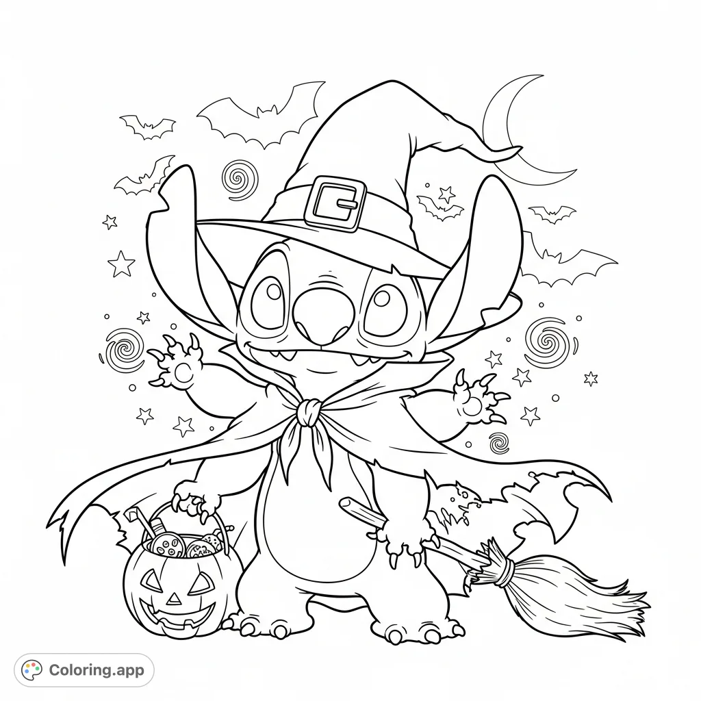 A delightful Halloween Stitch coloring page featuring the mischievous alien in a witch hat and cape, holding a pumpkin bucket and broomstick amidst magical swirls.