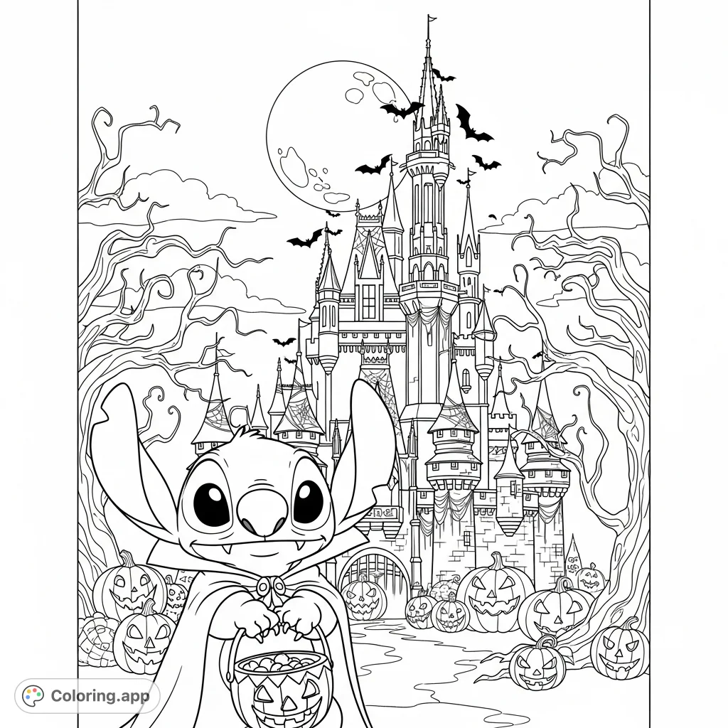 Join Stitch in a Halloween adventure! This free printable coloring page features Stitch as a vampire before a spooky Disney castle, perfect for holiday fun.