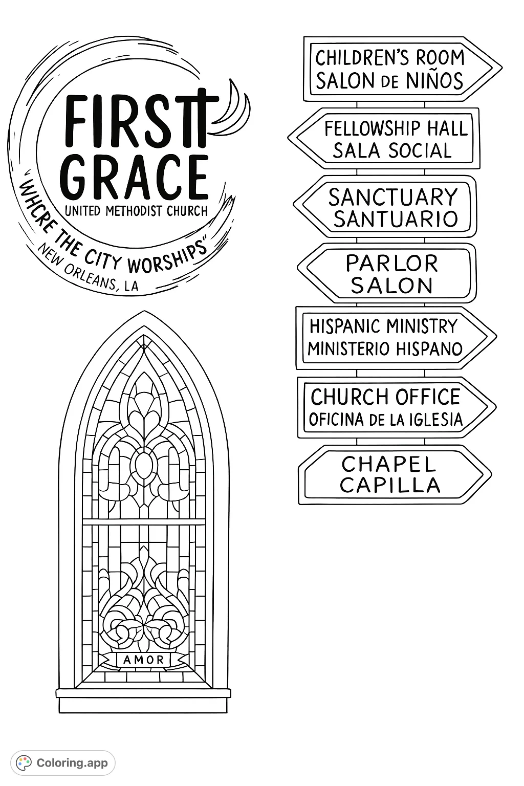Explore a detailed gothic window, church logo, and directional signs. A unique blend of architectural beauty and community guidance awaits your creative touch.