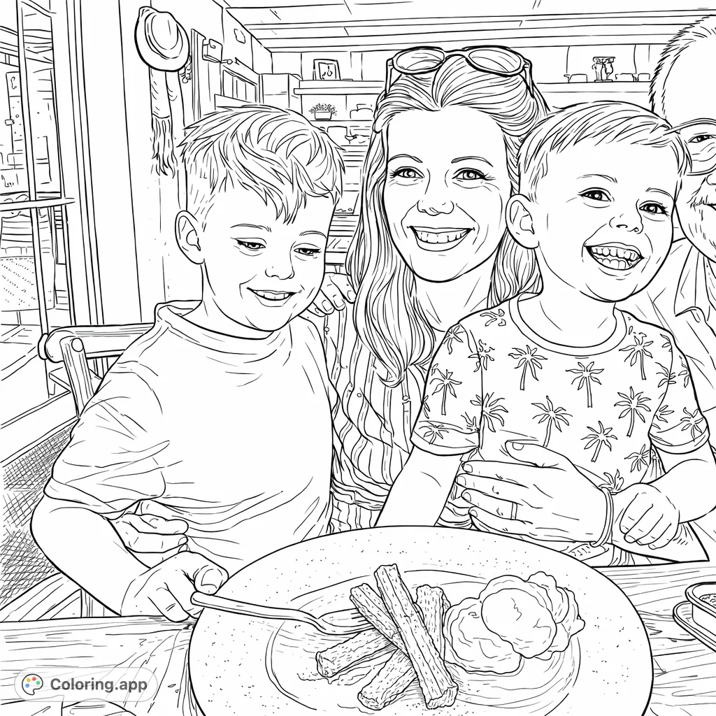 Capture a joyful family moment with a smiling woman and two boys, celebrating with a delicious plate of churros and ice cream at a restaurant.