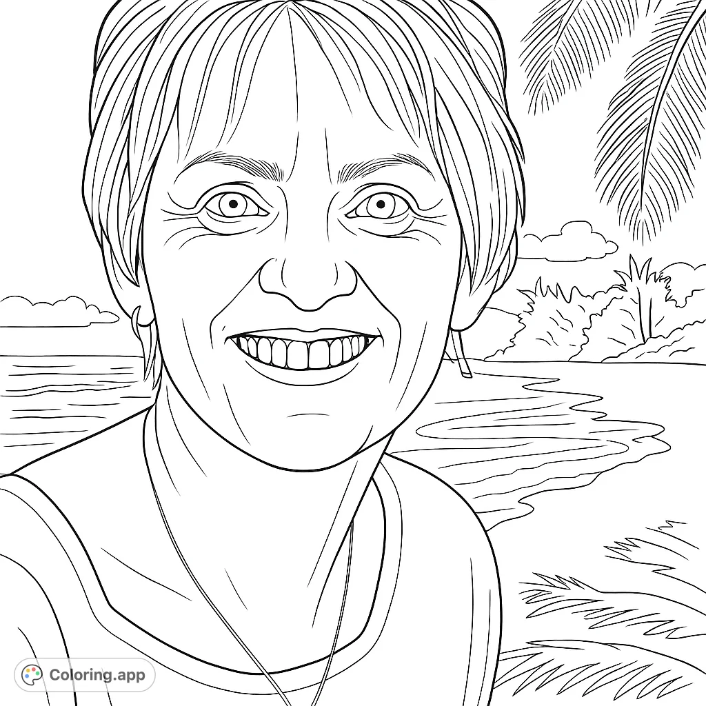 A cheerful woman smiles broadly against a serene tropical beach backdrop with palm trees and ocean waves, perfect for a relaxing coloring escape.