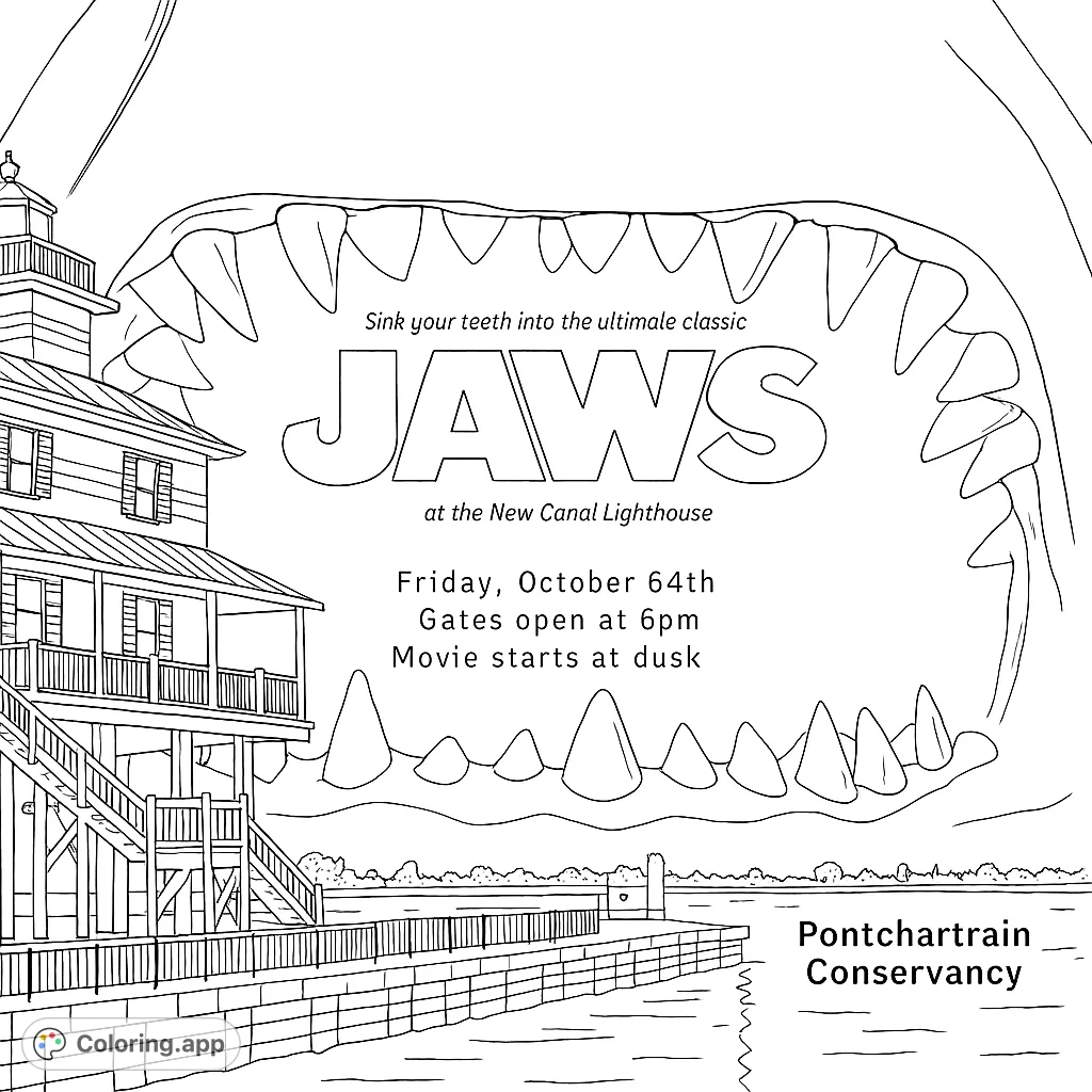 Dive into a thrilling scene featuring a massive shark's open mouth looming over a detailed coastal lighthouse and serene waters. A unique blend of suspense and architecture.