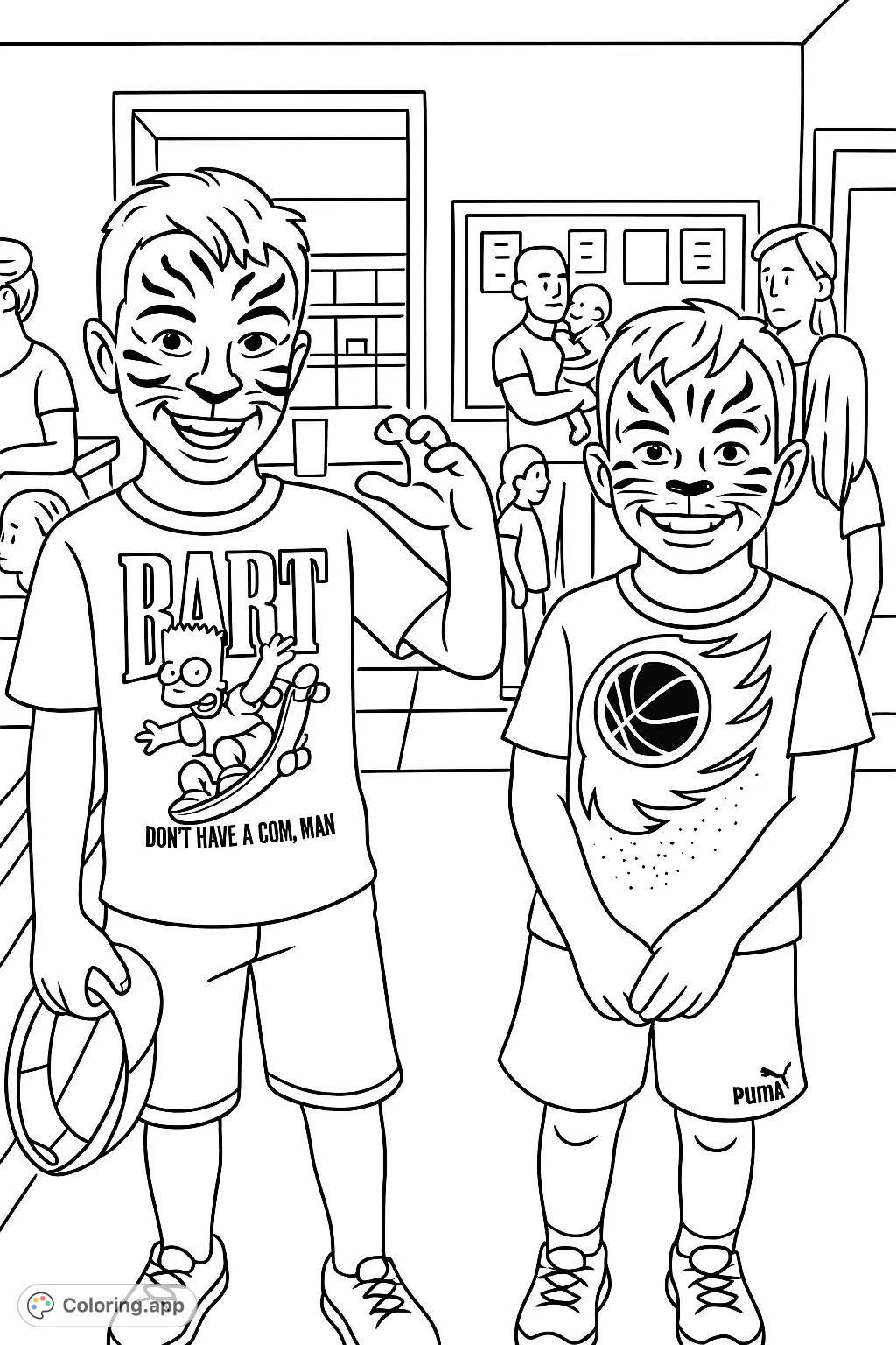 Two cheerful kids with fun tiger face paint, ready for adventure! A playful tiger coloring page, perfect for young artists to bring to life with bold colors.