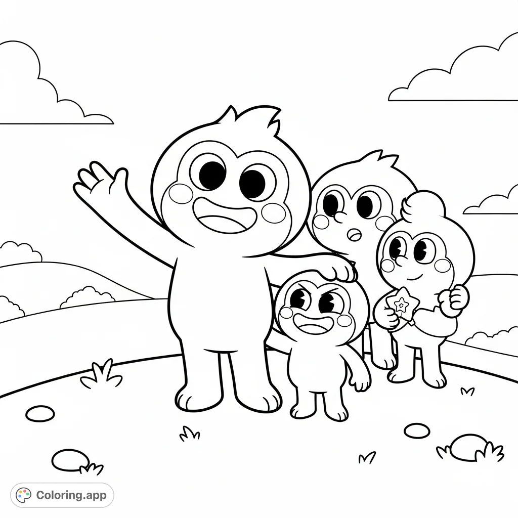 Join Cozi and friends in a delightful scene, perfect for a fun coloring adventure. Features cheerful characters and a simple, inviting background.