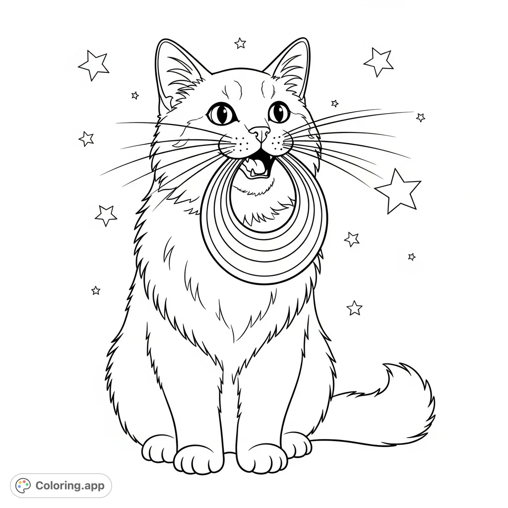 A charming cat with a magical arc emerging from its mouth, surrounded by simple shapes. An easy and fun cat coloring page, perfect for young artists and beginners.