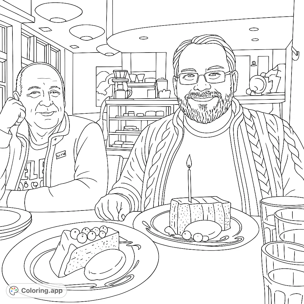 A delightful cafe scene featuring two men enjoying decadent cake slices, one with a birthday candle, perfect for a celebratory coloring page.