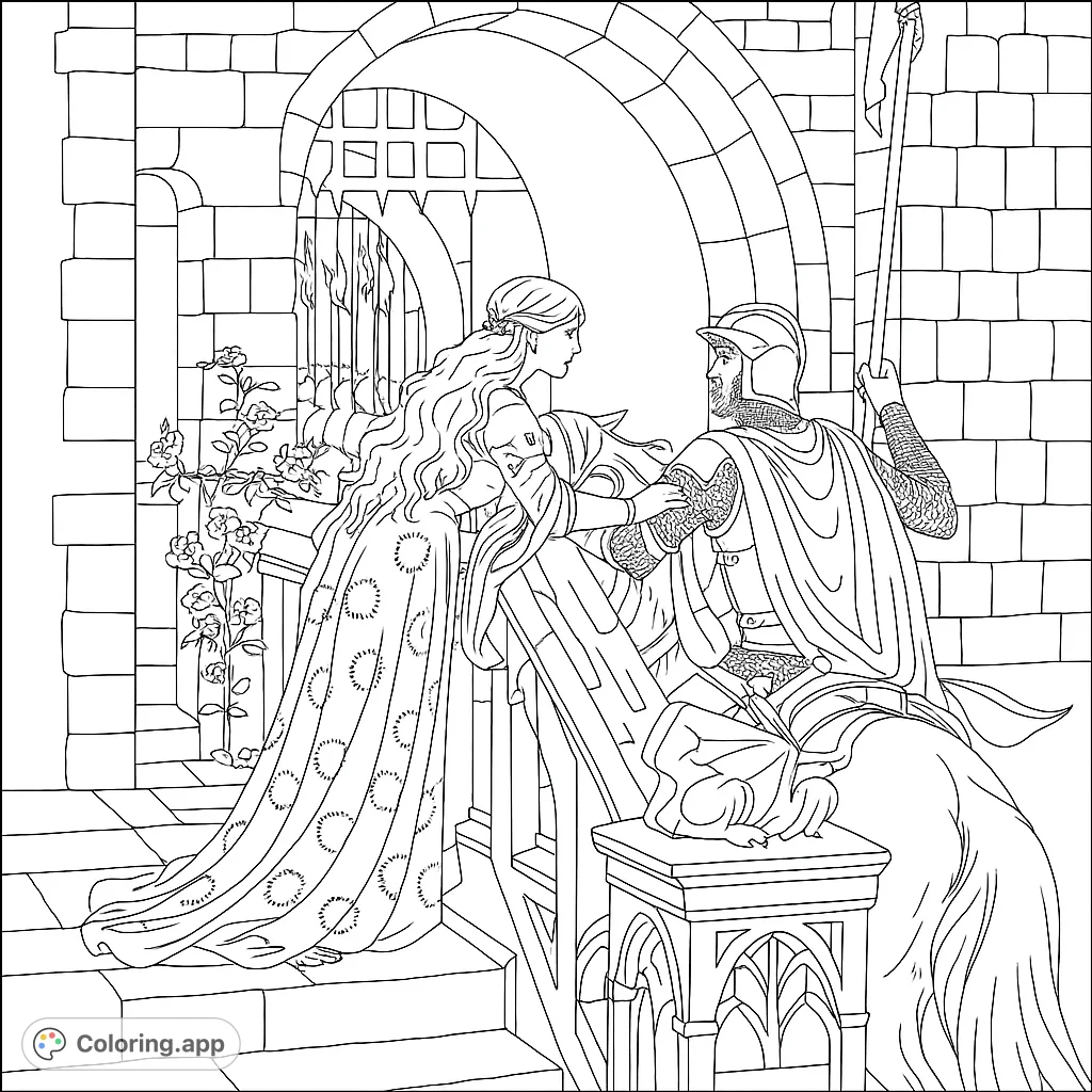 A poignant medieval scene featuring a lady in a patterned gown bidding farewell to a knight in shining armor at a castle entrance. Intricate details await your creative touch.