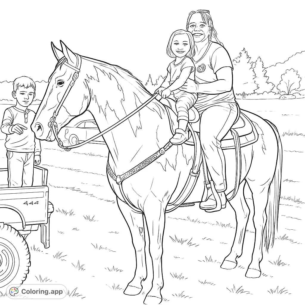 A heartwarming scene of a woman and child riding a horse, with a boy nearby, set against a scenic outdoor backdrop. Perfect for family fun.
