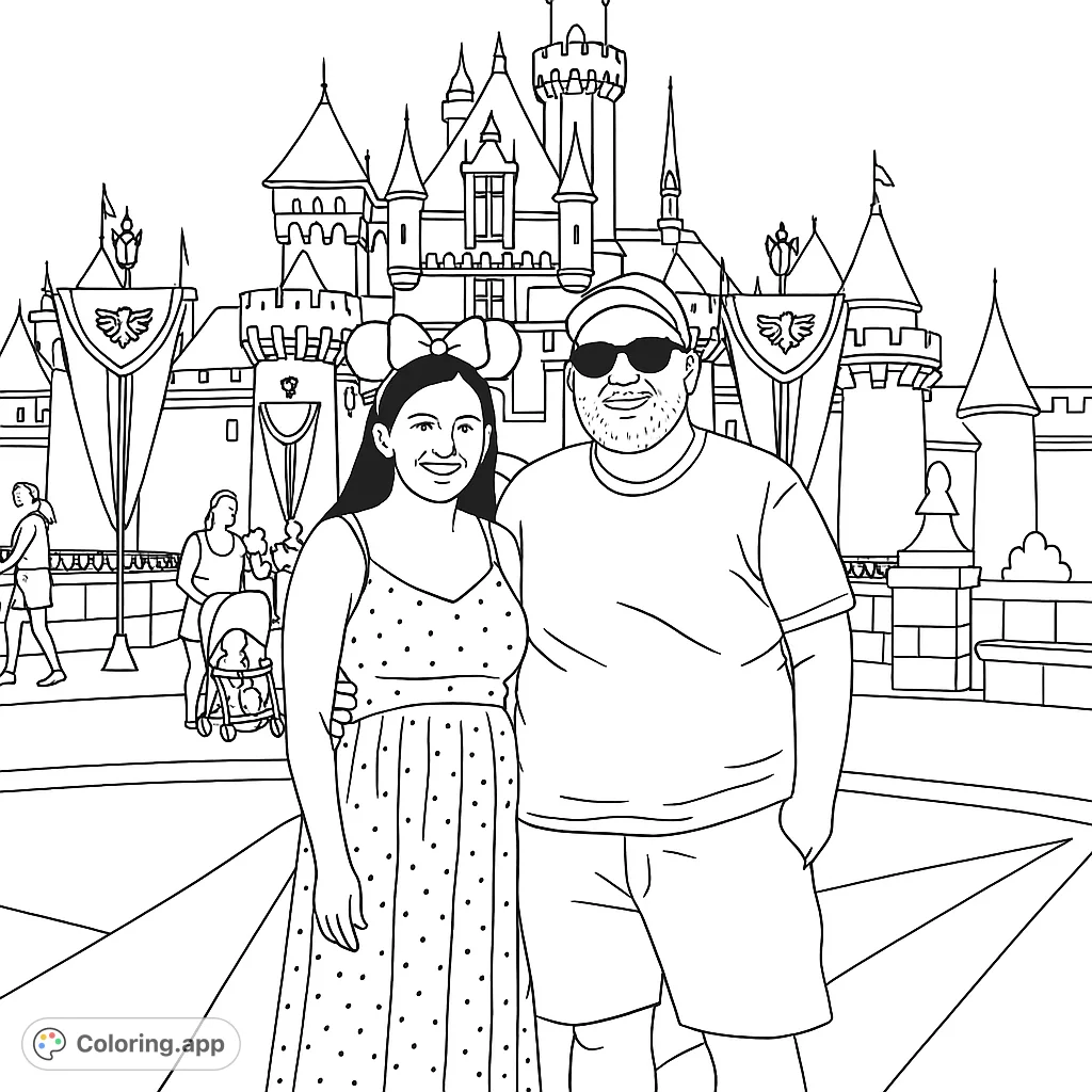 A joyful couple poses in front of a magnificent fantasy castle, ready for a magical adventure. This free printable castle coloring page is perfect for all ages.