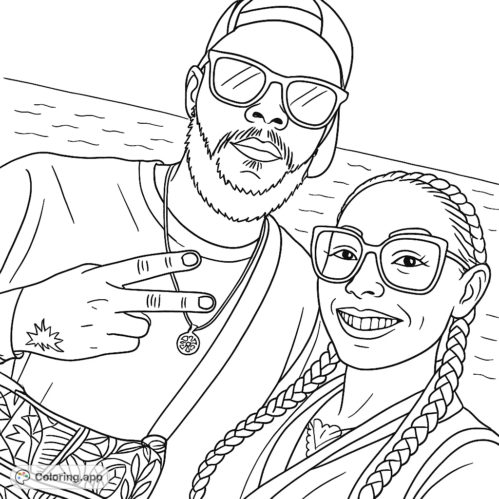 A cheerful couple enjoys a sunny day at sea, captured in a fun selfie. Perfect for a relaxing coloring experience.