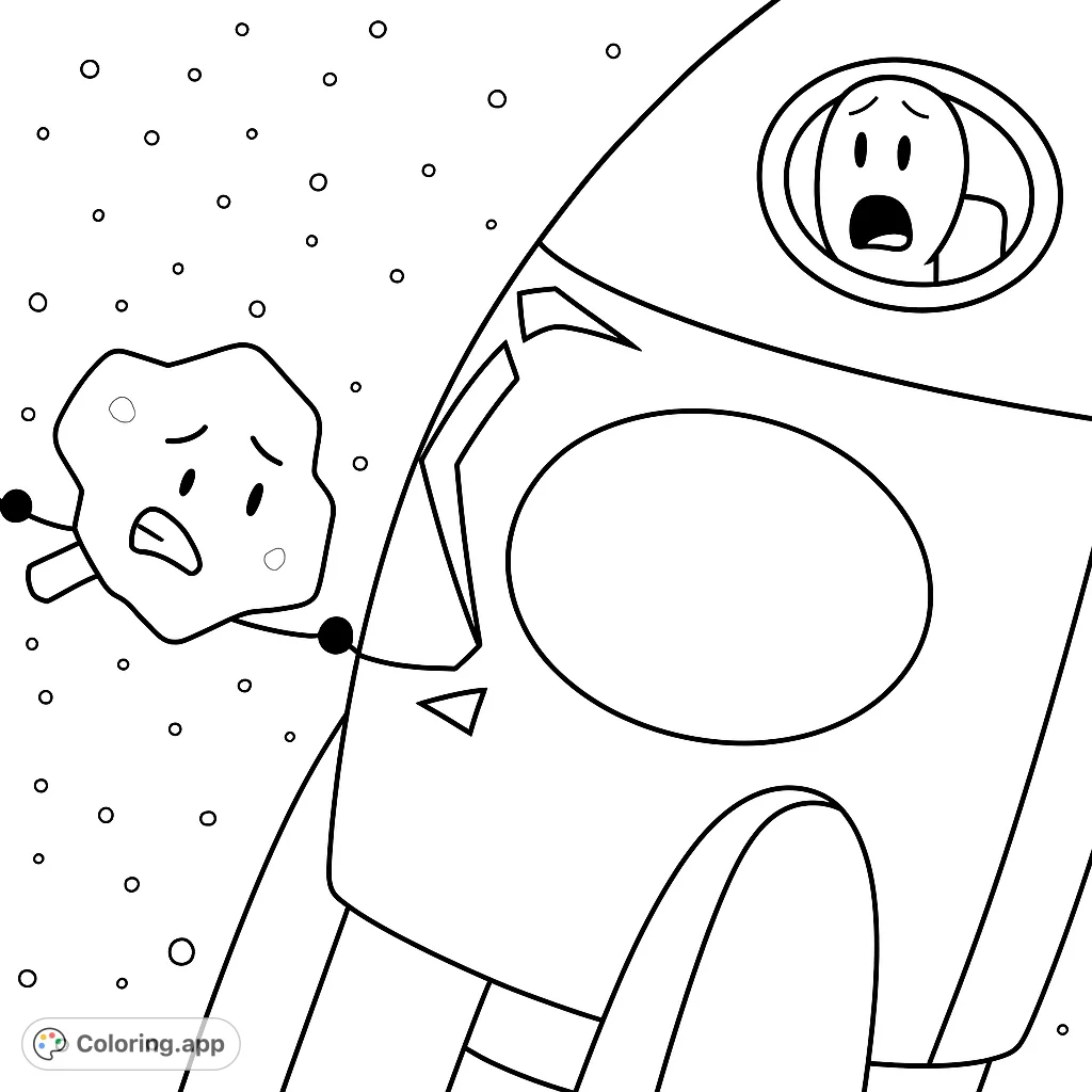 An exciting space adventure coloring page featuring a rocket ship and a surprised tree-like character floating among the stars. Perfect for imaginative fun!