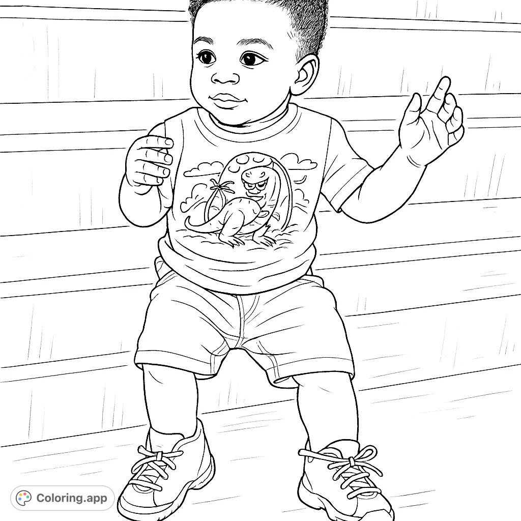 A delightful coloring page featuring a young child sitting on steps, wearing a fun dinosaur shirt and athletic shoes. Perfect for little ones and parents.