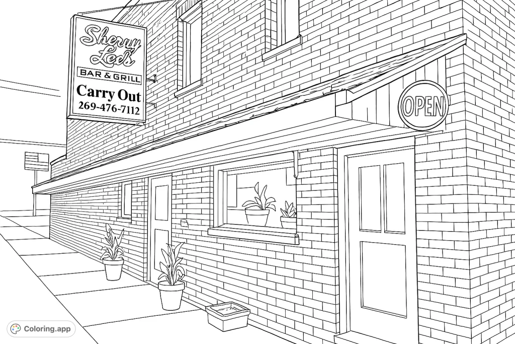 A detailed coloring page of Sherry Lee's Bar & Grill, featuring a brick facade, prominent signs, and potted plants. Perfect for urban scene enthusiasts.