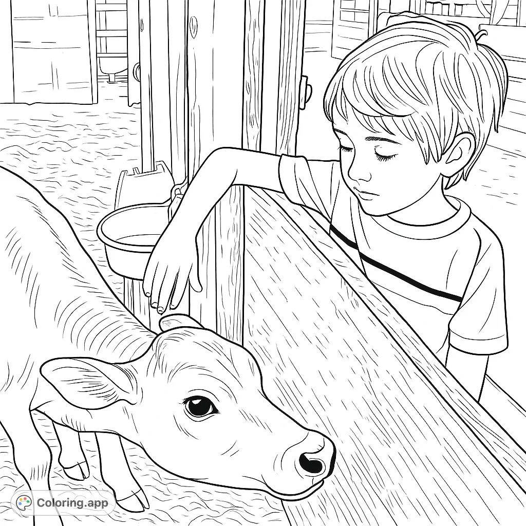 A heartwarming scene of a child gently interacting with a curious calf in a rustic barn. Perfect for animal lovers and farm life enthusiasts.