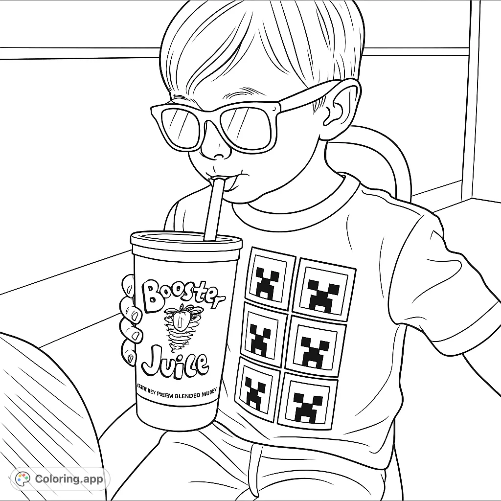 A cool kid in sunglasses sips a refreshing drink, wearing a fun patterned t-shirt. Perfect for young colorists to personalize!
