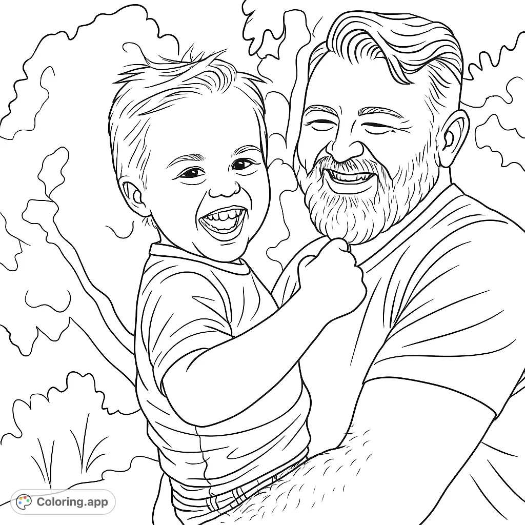 A heartwarming scene of a father holding his joyful child, both smiling broadly in an outdoor setting. Perfect for family-themed coloring.