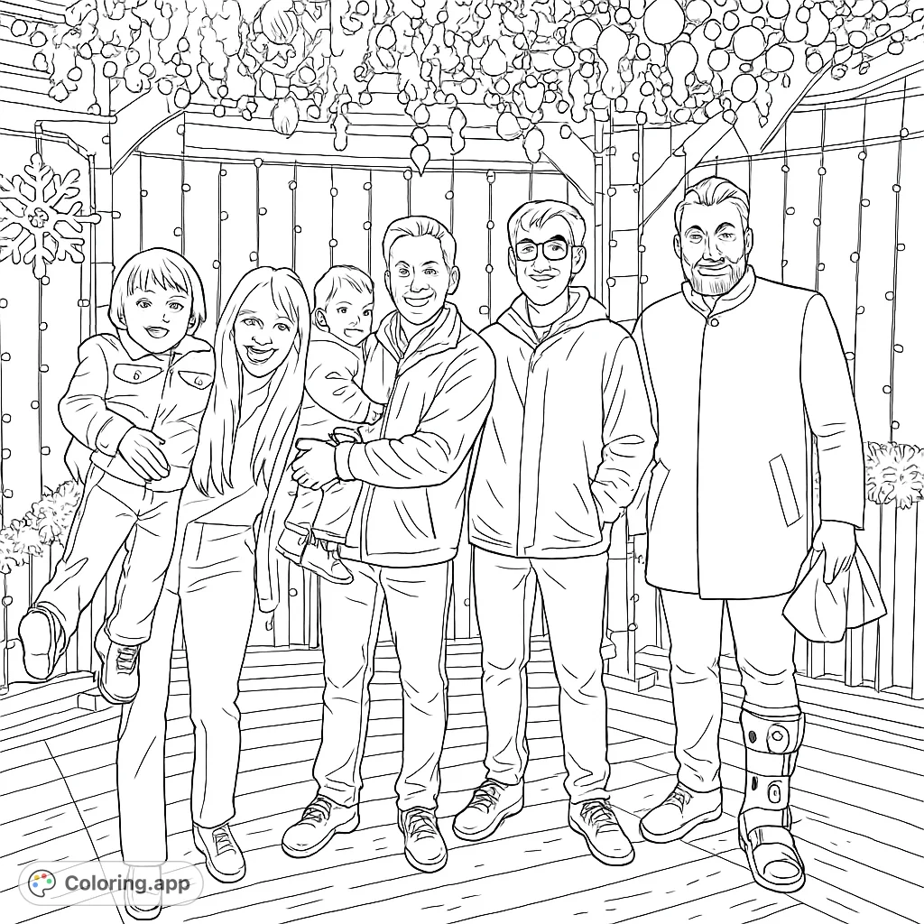 A heartwarming family portrait under a canopy of festive lights and ornaments. Capture the joy of togetherness in this holiday-themed coloring page.