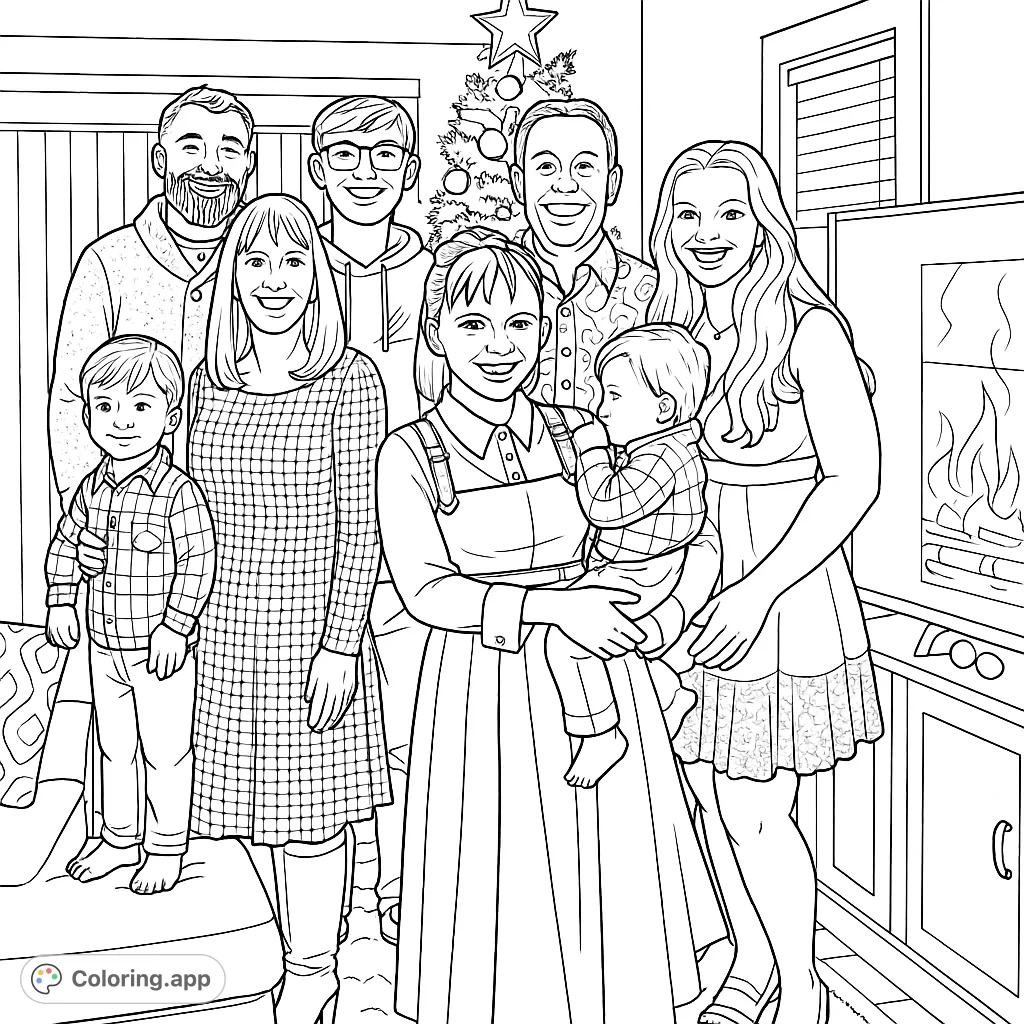 A heartwarming festive family gathering coloring page, perfect for capturing cherished moments and exploring intricate details and patterns.