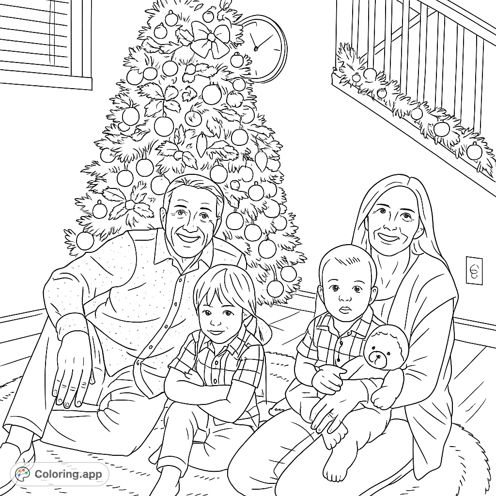 A heartwarming family portrait by a beautifully decorated tree, featuring two adults and two children. Perfect for festive coloring fun and creating cherished memories.