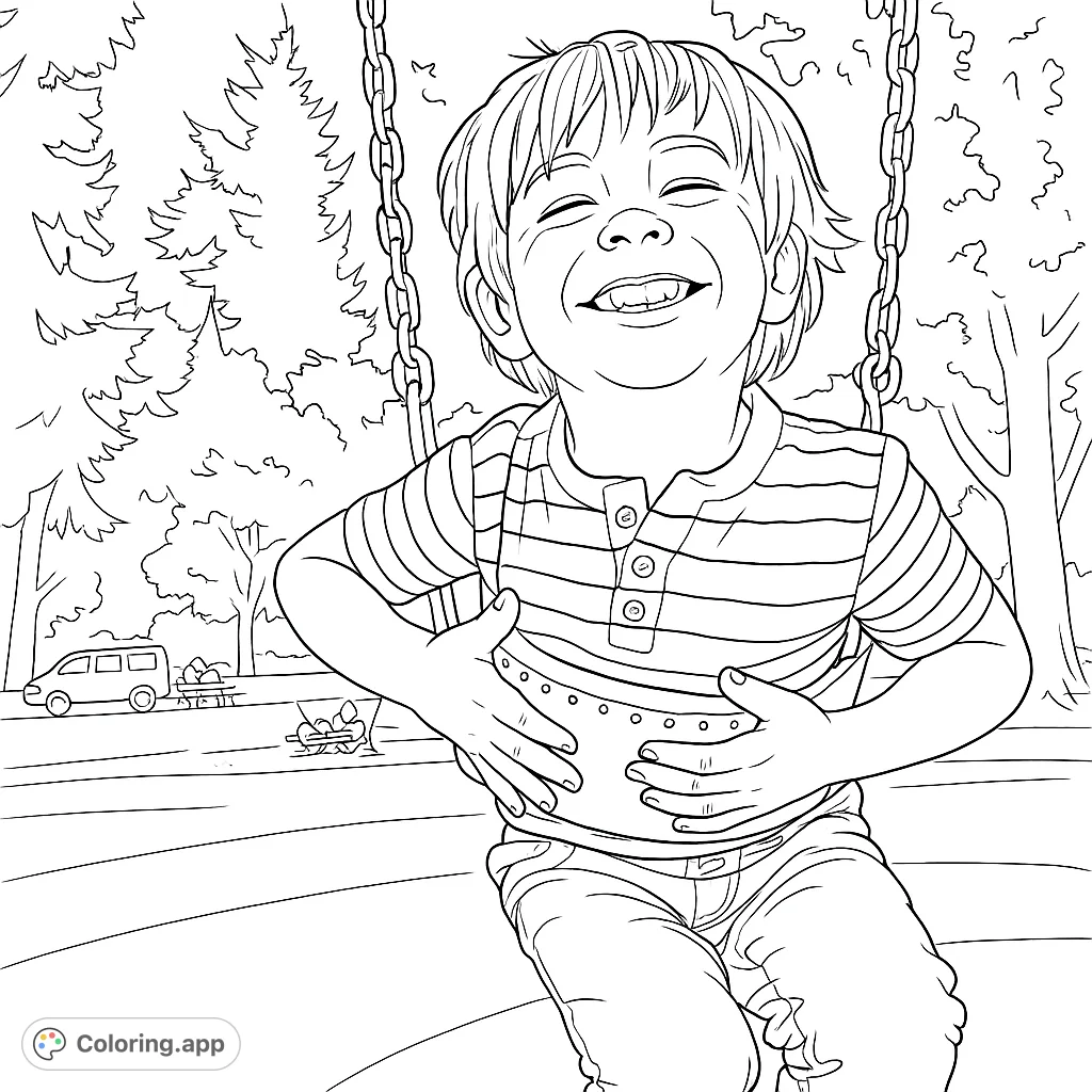 A delightful coloring page featuring a smiling child on a playground swing, surrounded by a park setting. Perfect for kids and adults!