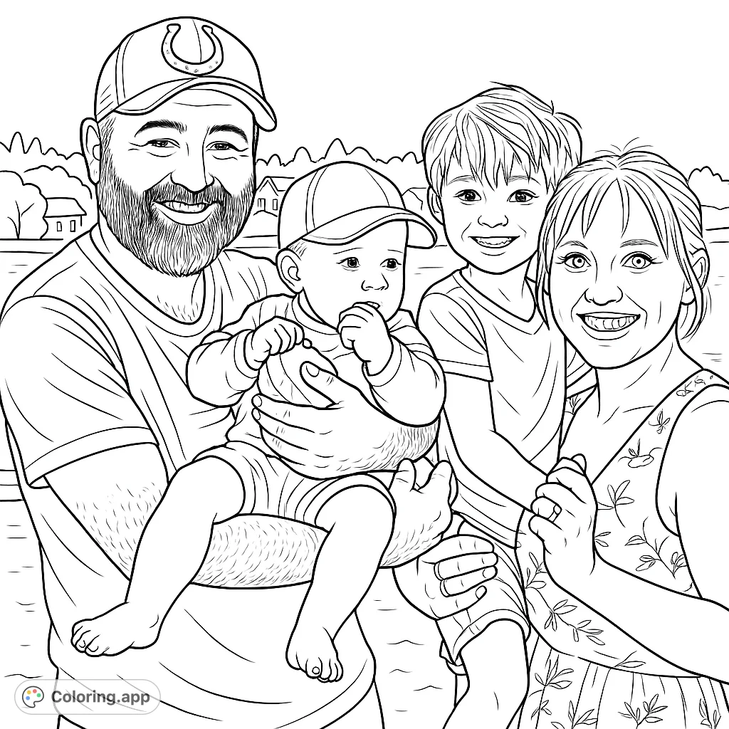 A joyful family of four poses by the water, featuring two adults and two children. Perfect for celebrating family bonds and outdoor memories.