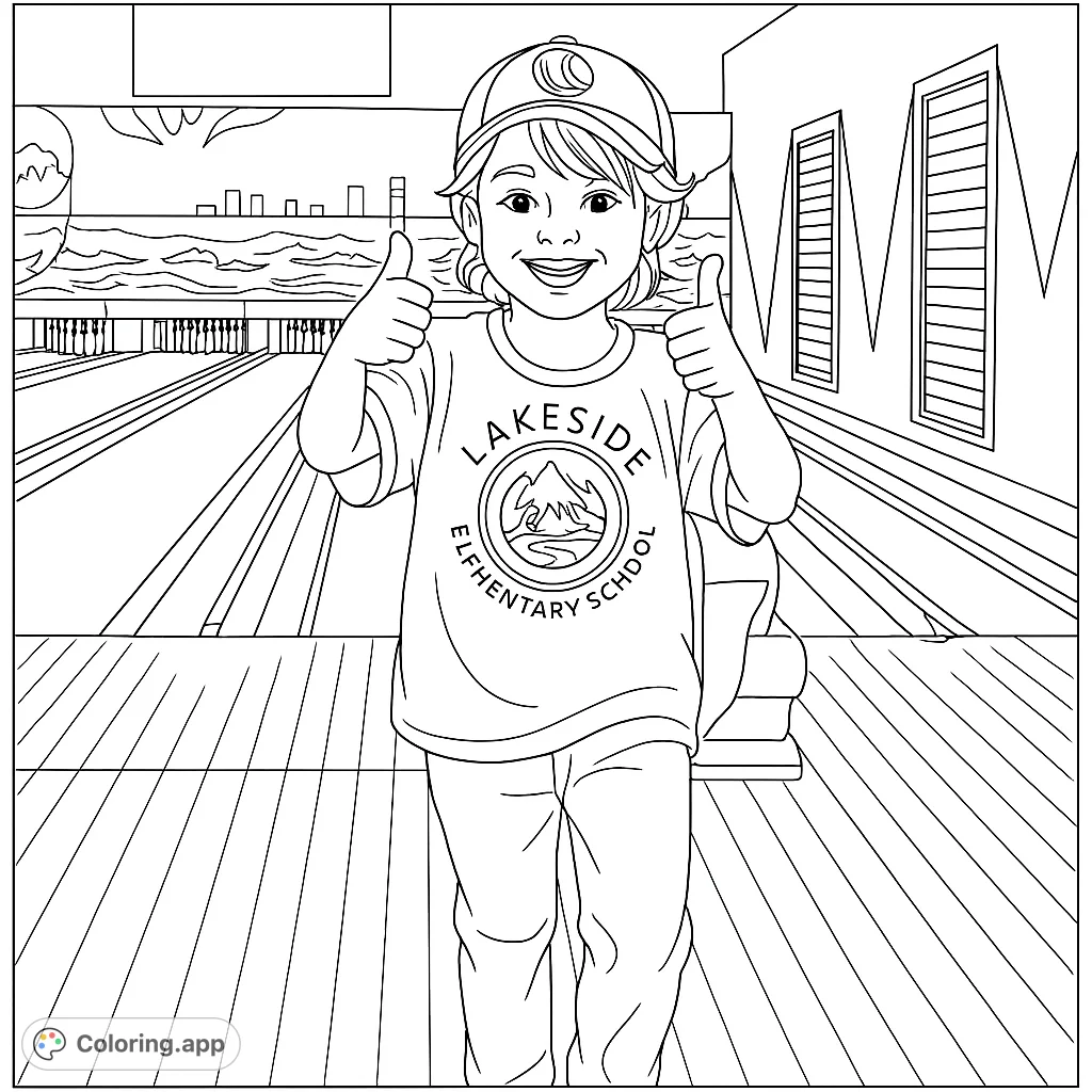 A cheerful child gives thumbs up in a lively bowling alley scene, ready for a fun game. Perfect for kids and family activity coloring pages.