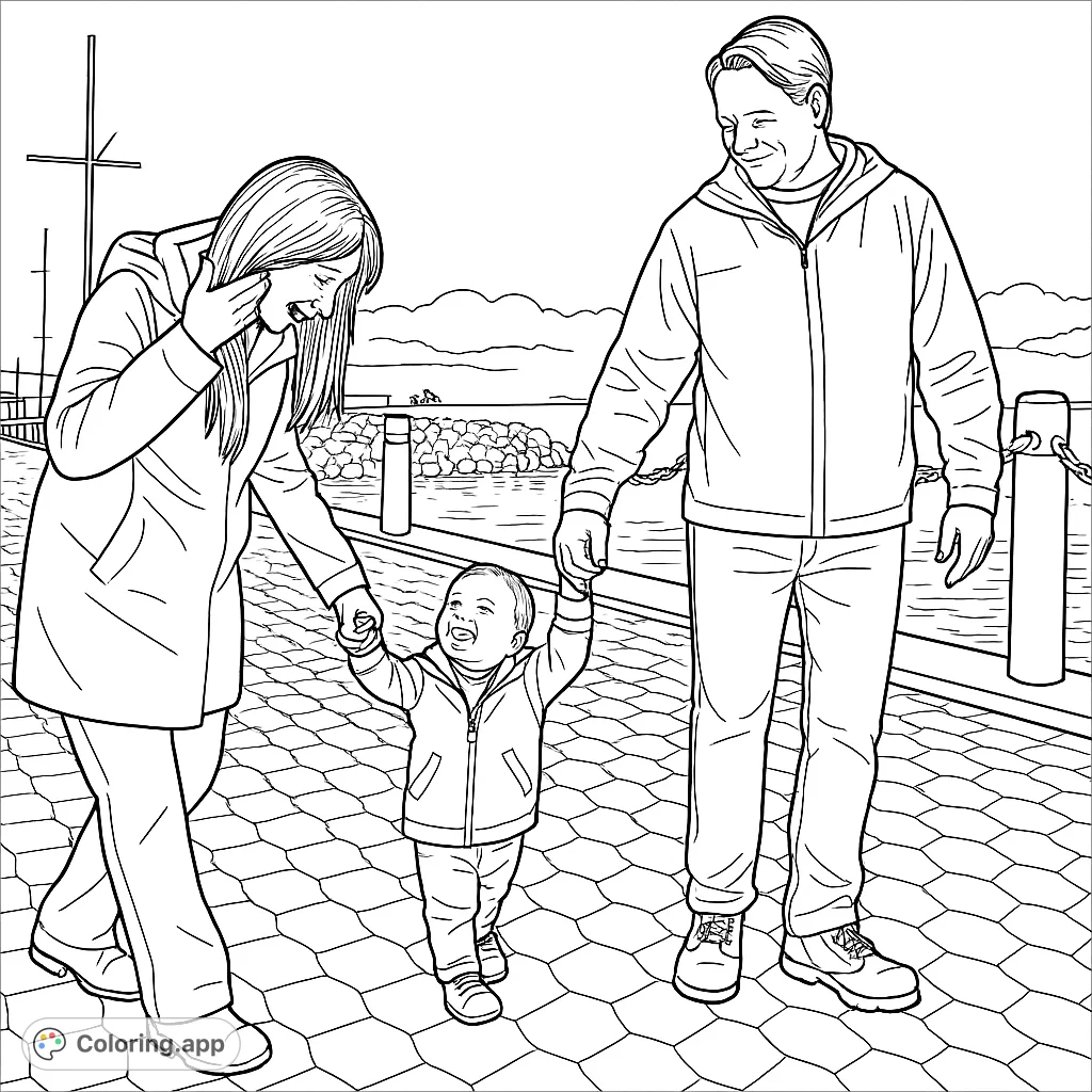 Capture a heartwarming family moment with this free printable family walk coloring page. A couple guides their happy toddler along a scenic waterfront.