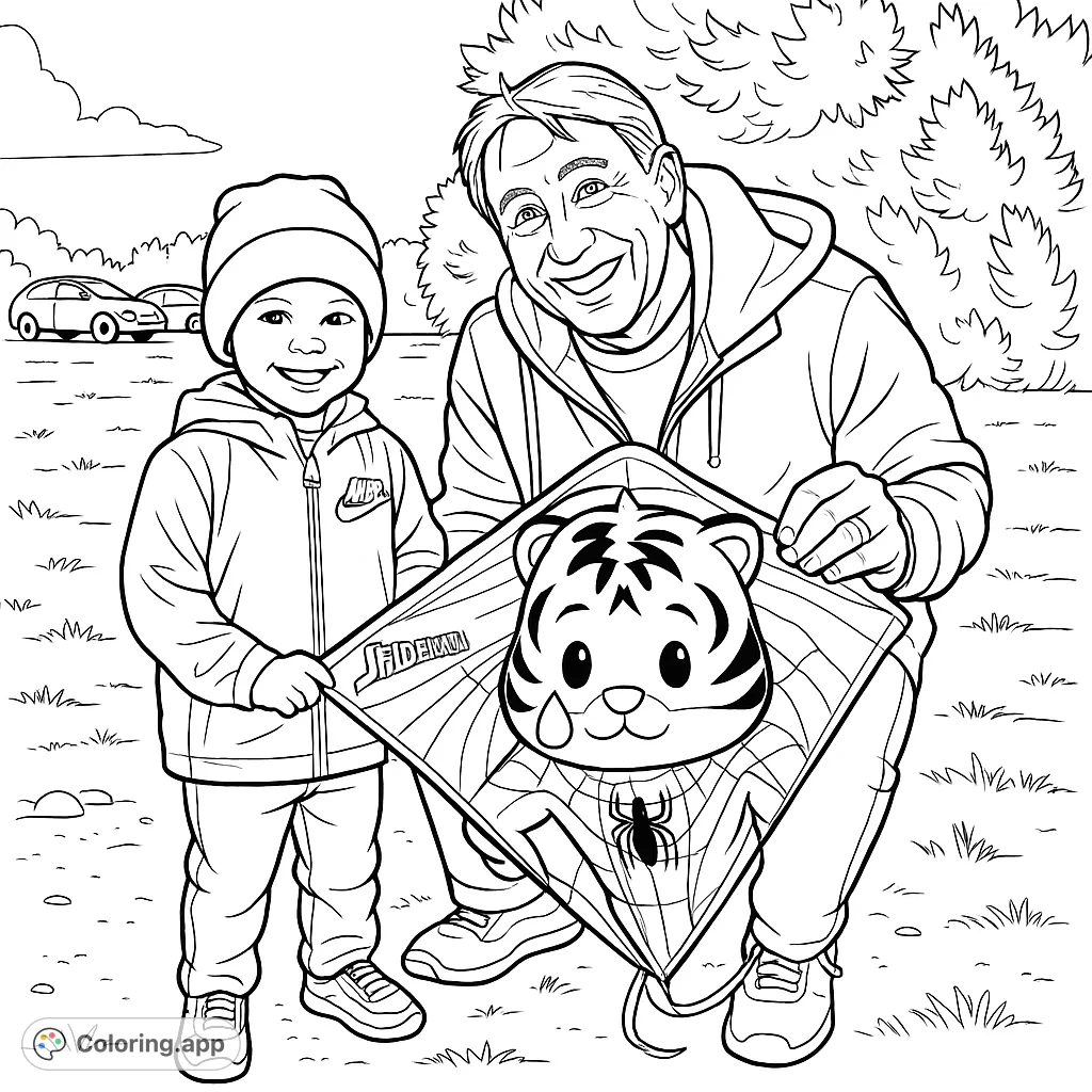 A joyful man and child prepare to fly a kite featuring a popular web-slinging hero, set against a grassy outdoor scene.