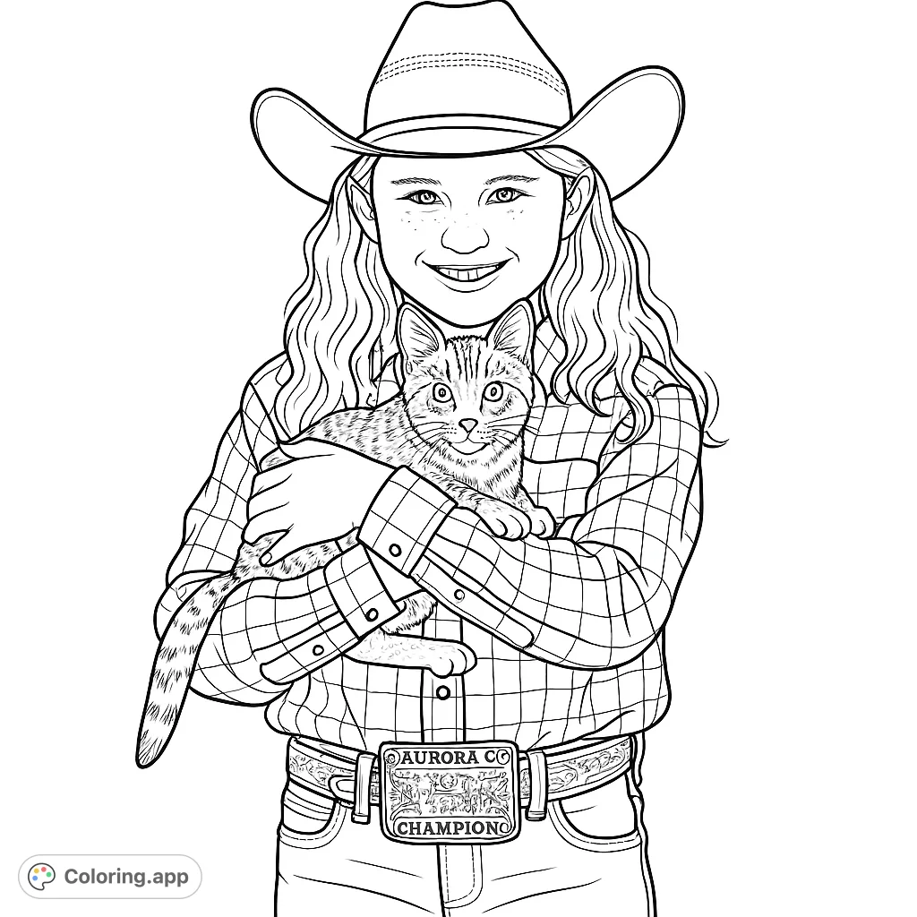 A charming cowgirl holds her striped kitten, featuring a plaid shirt, cowboy hat, and detailed belt buckle. Perfect for animal and western fans!